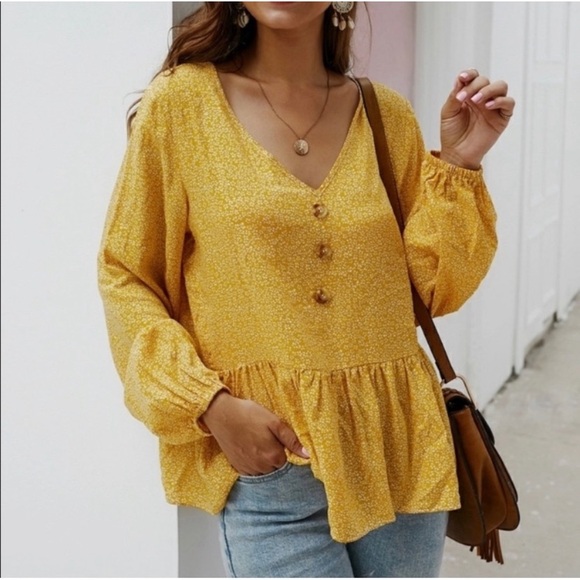 Yellow Floral Print Boho-Peasant Style Top - Picture 3 of 6